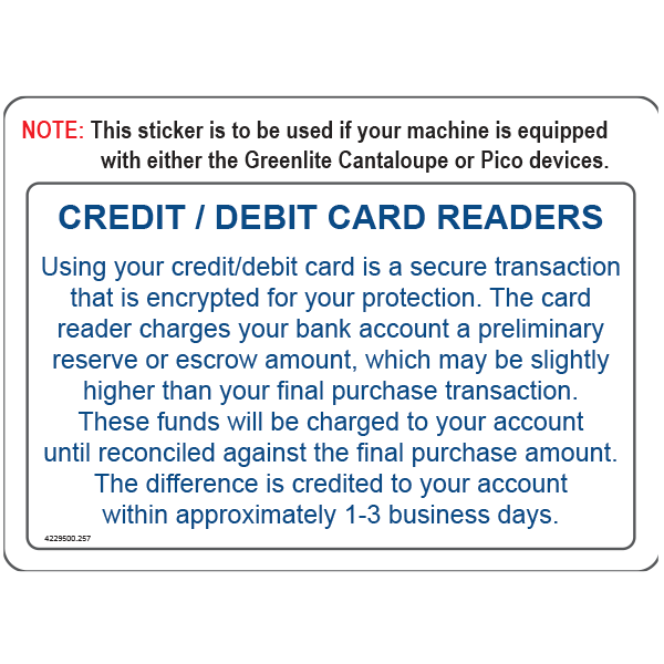 CREDIT/DEBIT CARD READER NOTICE LABEL